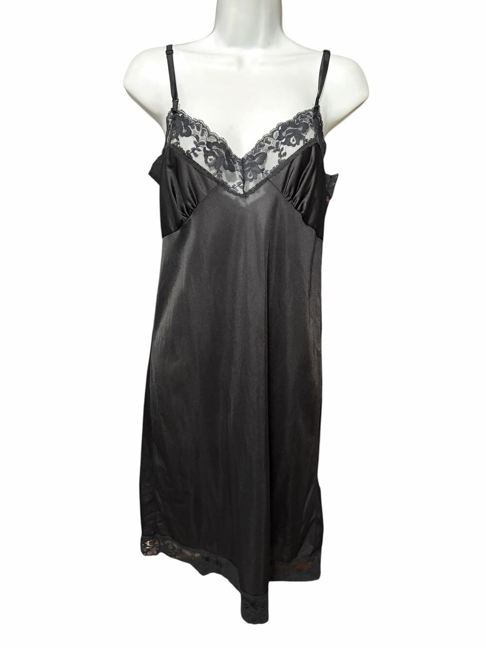 Vintage 70s Black Nylon Nightgown Lace Trim Maxi Slip Dress USA Gothic